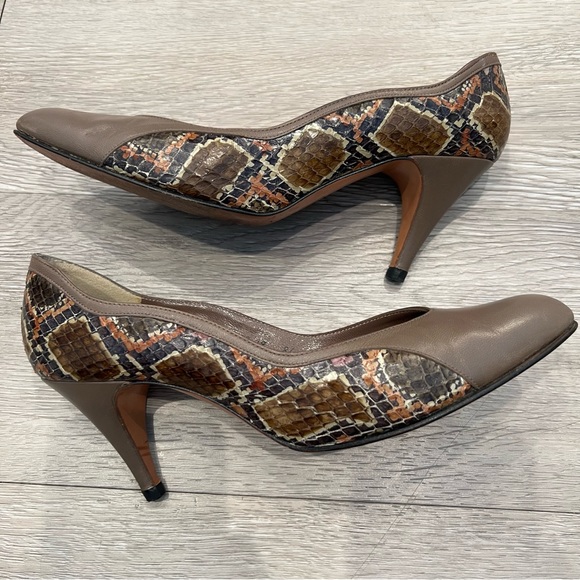 STANLEY PHILIPSON Heels Pumps Leather Snakeskin Taupe WavySide Detail 6AAVintage - Picture 4 of 12